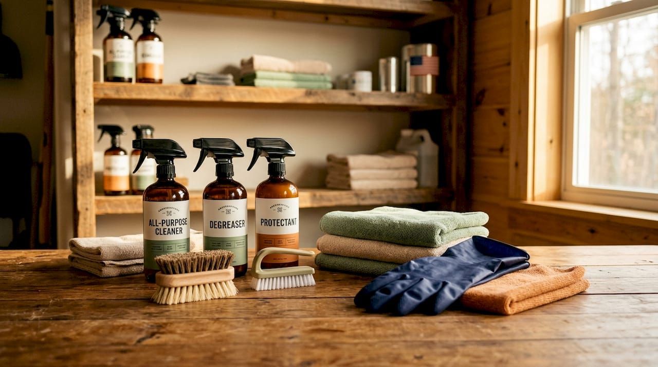 Cleaning tools and bottles for floor mats