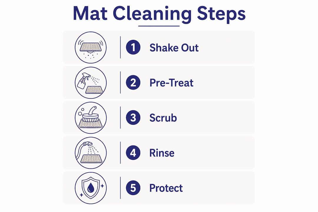 Infographic illustrating step-by-step floor mat cleaning process