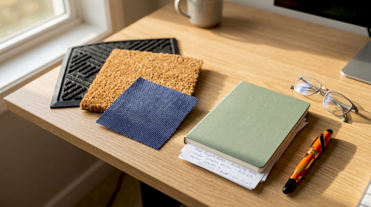 Samples of commercial hall mat materials on desk
