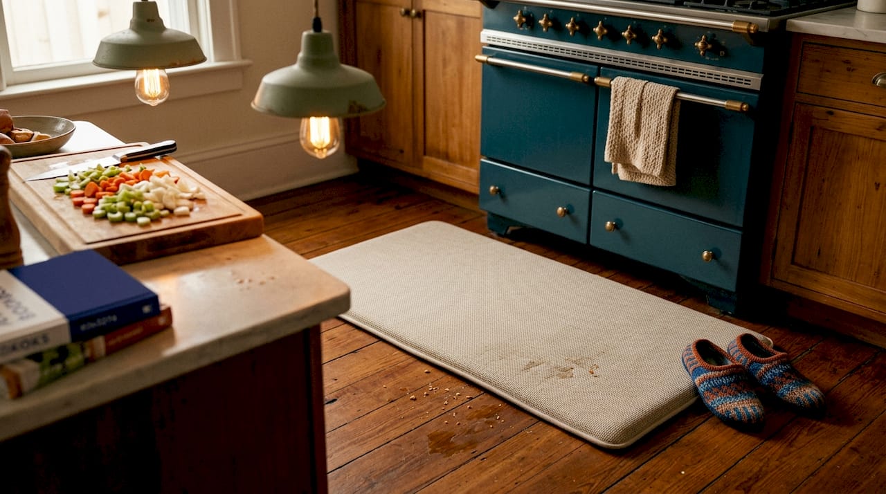 House of Noa Nama mat in active kitchen