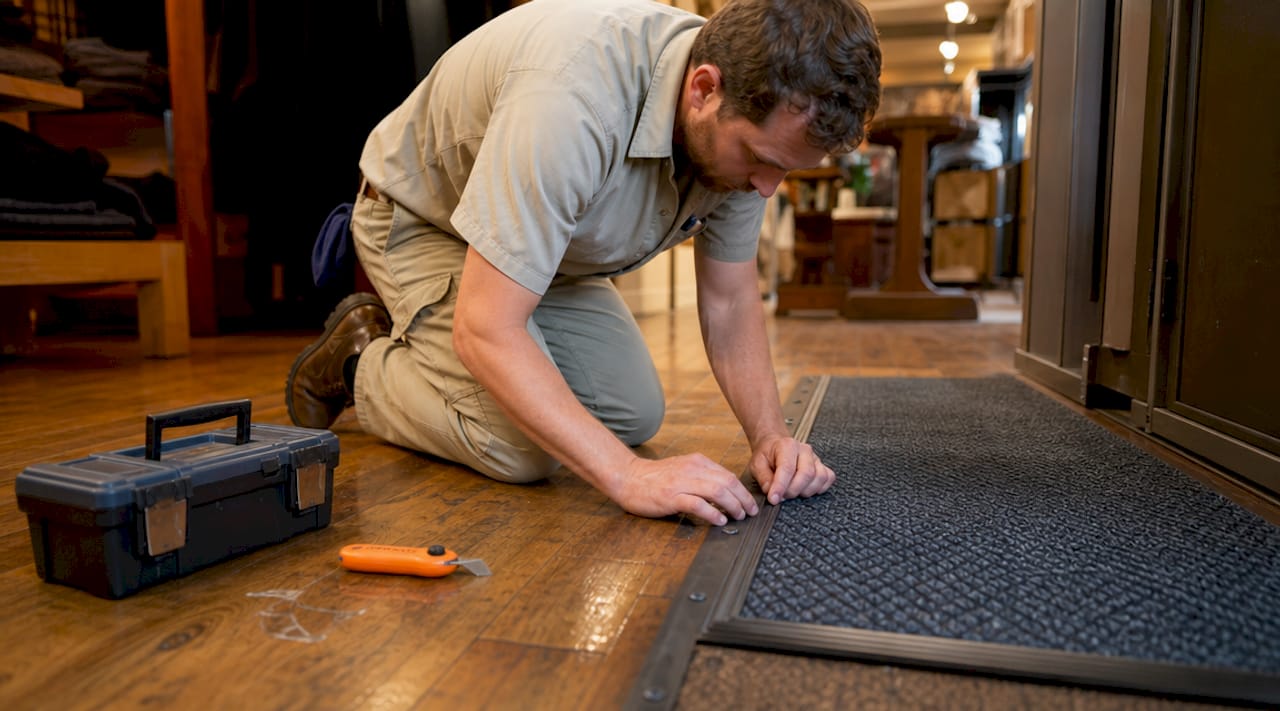 Technician securing entrance mat edges in hallway