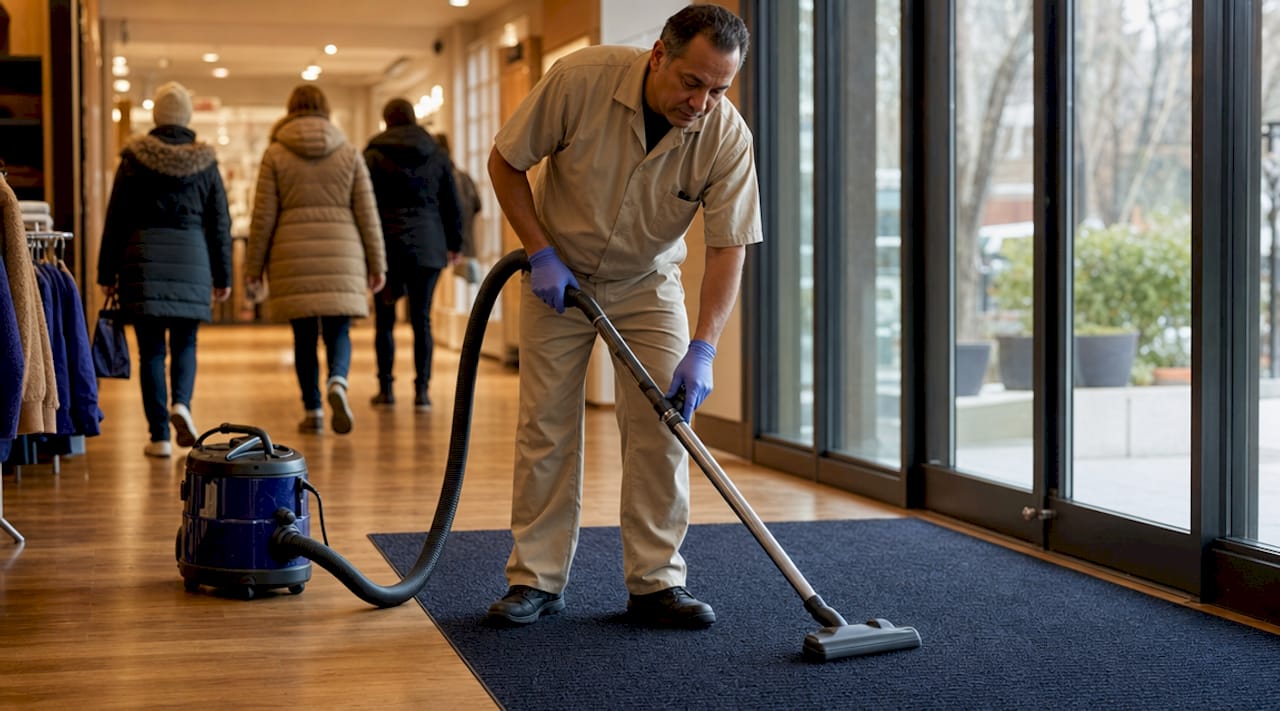 Janitor vacuuming interior absorbent mat indoors