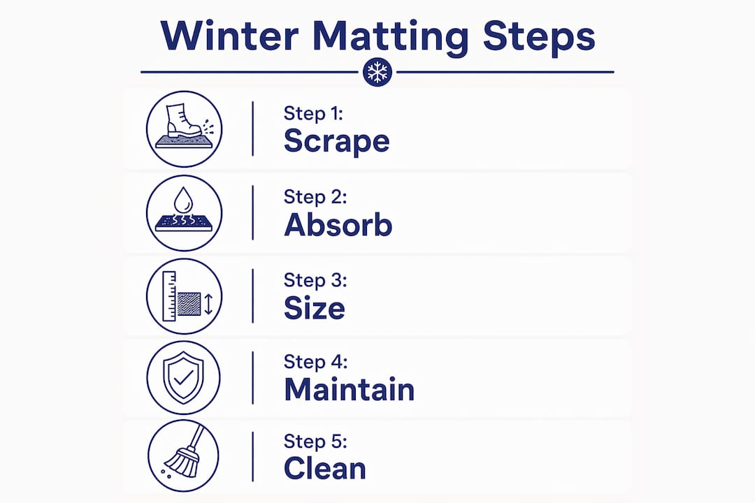 Infographic showing five steps of winter entryway matting