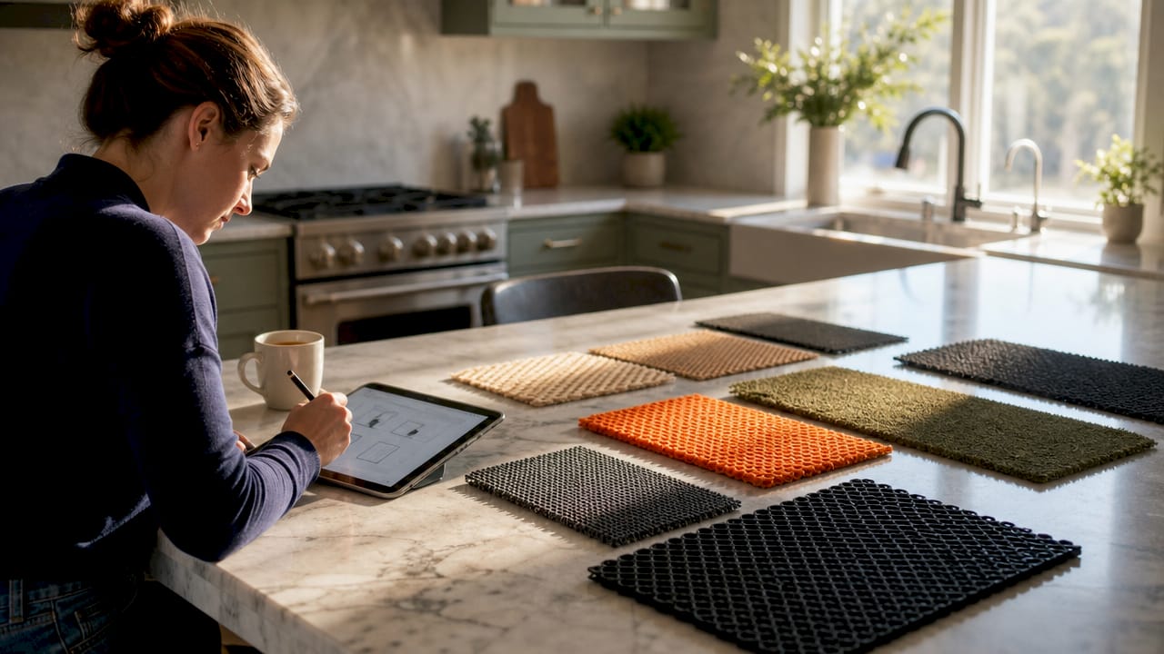 Close-up of matting material samples on table
