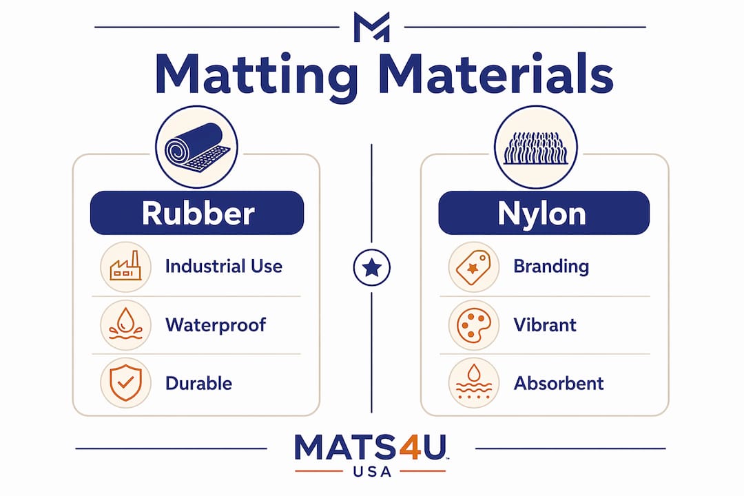 Infographic comparing rubber and nylon matting features