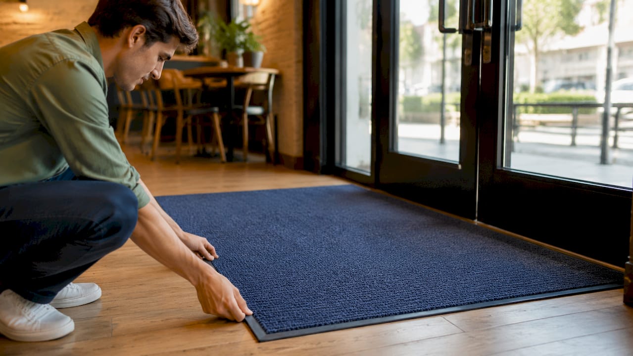 Hands aligning commercial entry mat to door frame