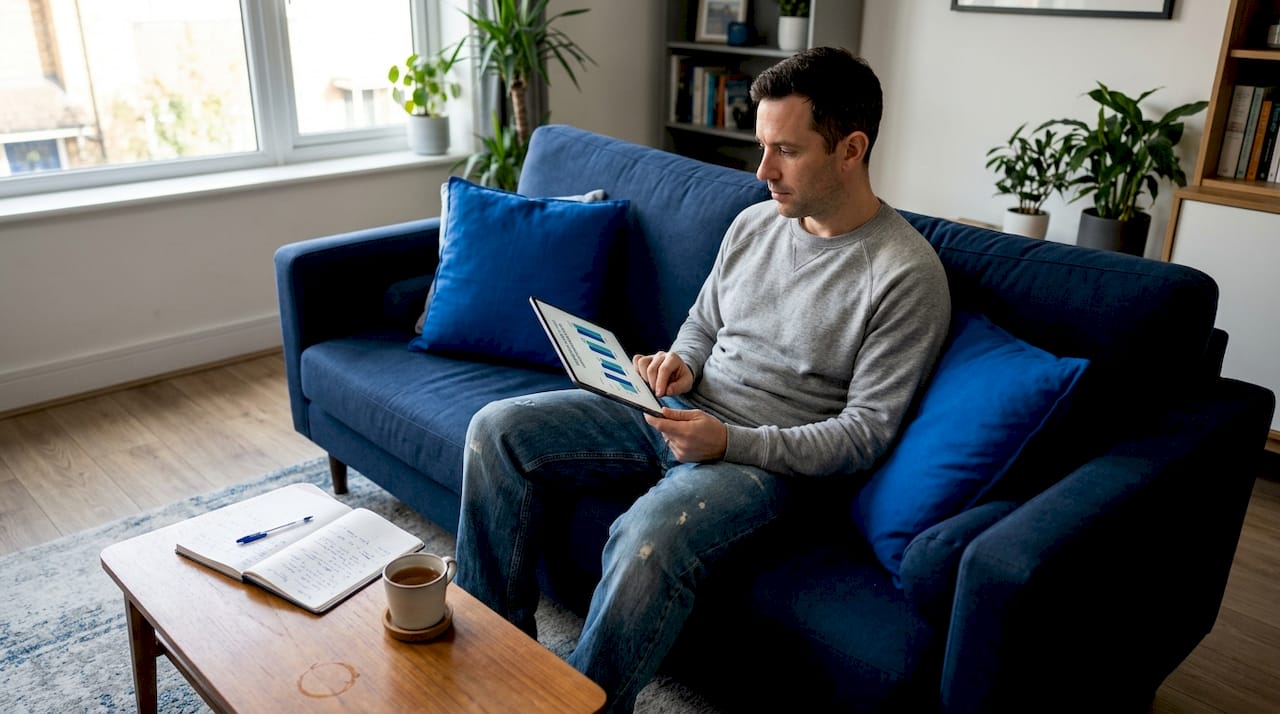 Man comparing insurance providers in living room