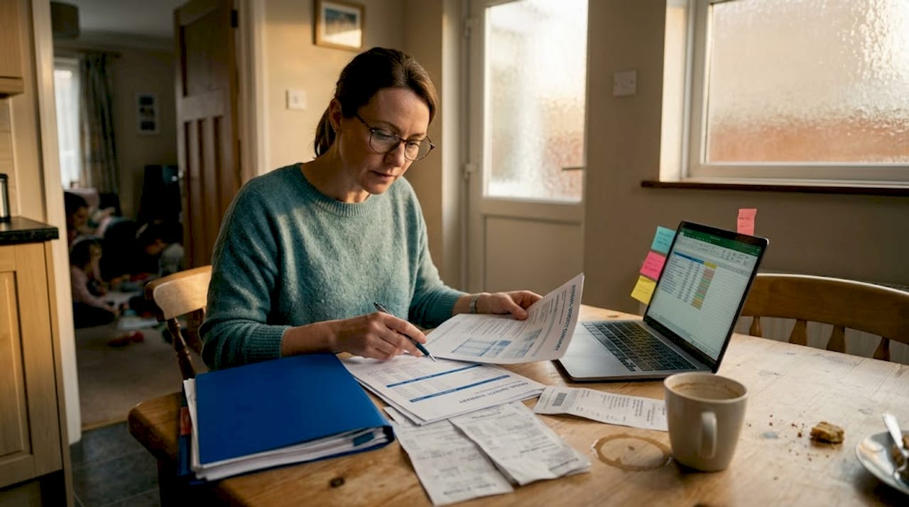 Woman reviews private insurance paperwork at home