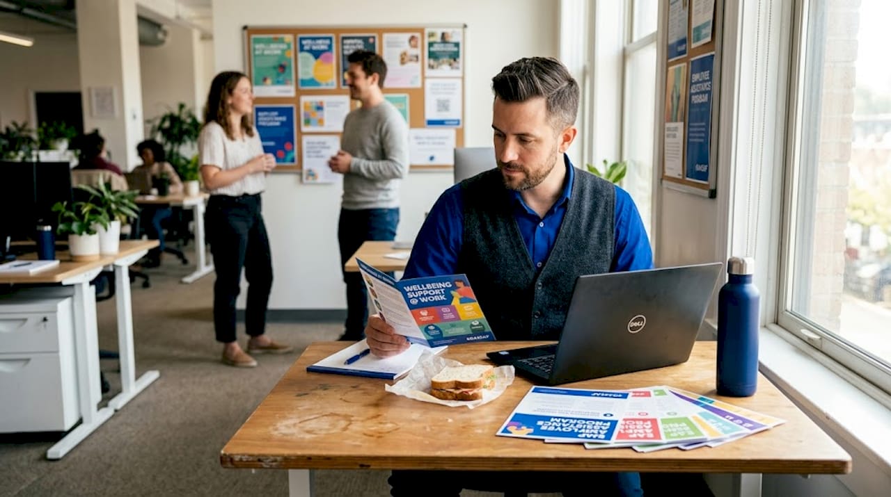 HR manager reading mental health support brochure