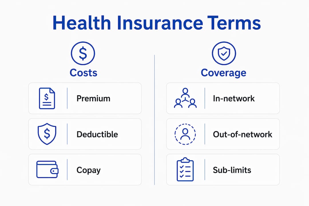 Infographic comparing health insurance cost and coverage terms