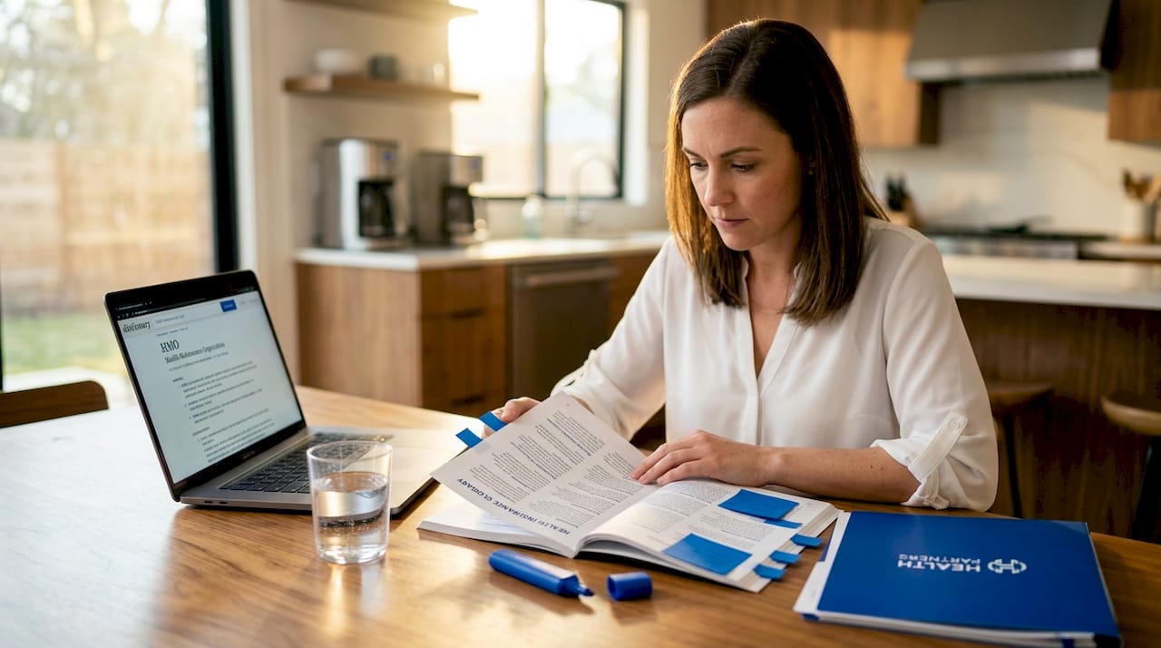 Young woman studying health insurance terms with printout and laptop
