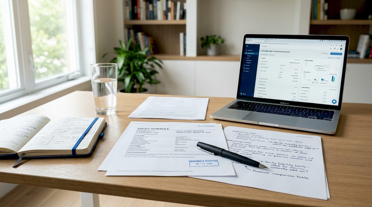 Insurance policy documents and underwriting notes on desk