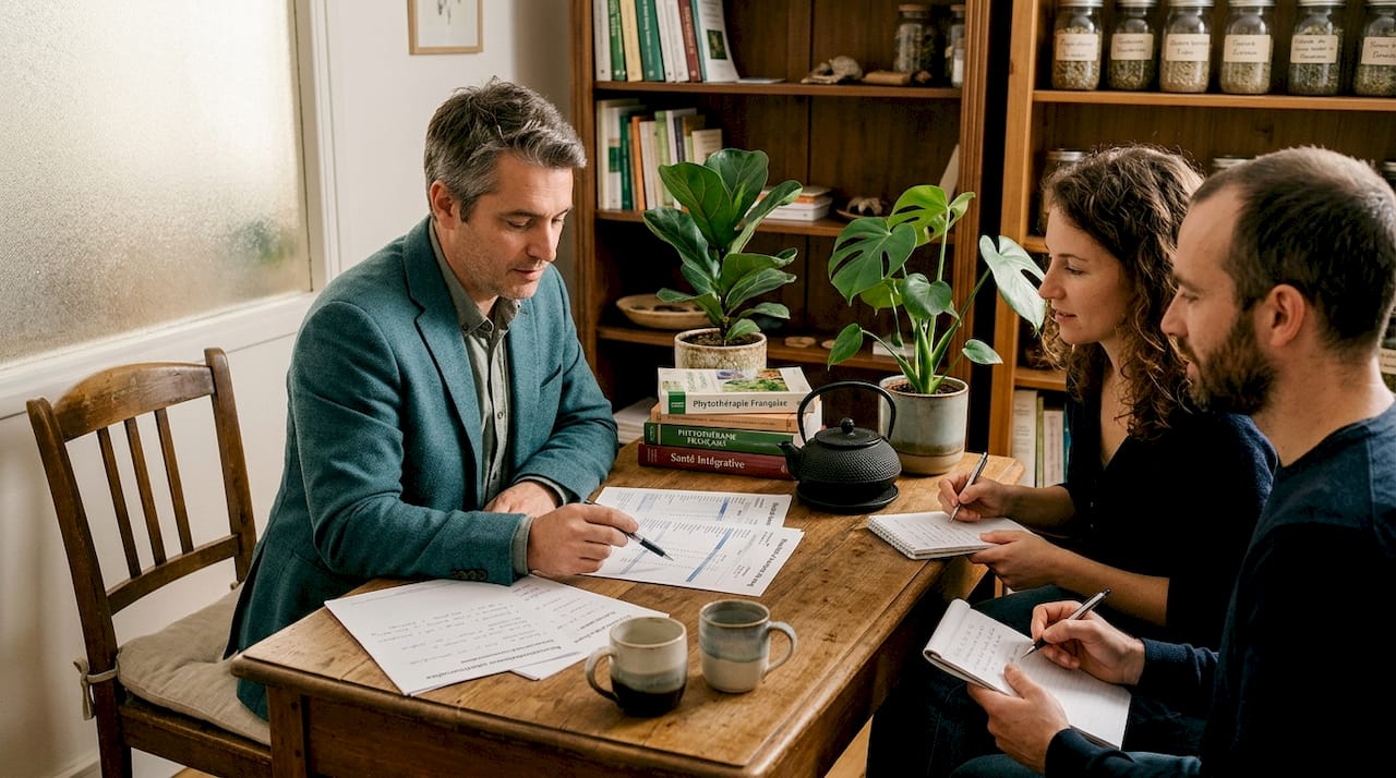 Une naturopathe échange avec un couple au sujet de leurs résultats d’analyses.