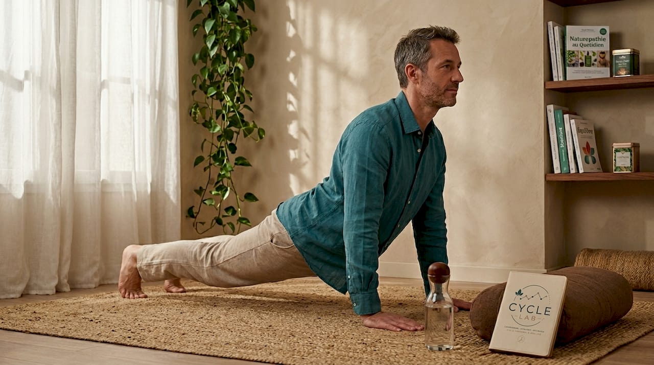 Un homme pratique des étirements sur son tapis de yoga, confortablement installé chez lui.