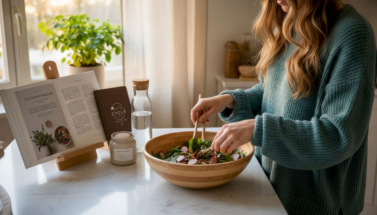Dans une cuisine baignée de lumière, une femme prépare une salade pleine de fraîcheur et de couleurs.
