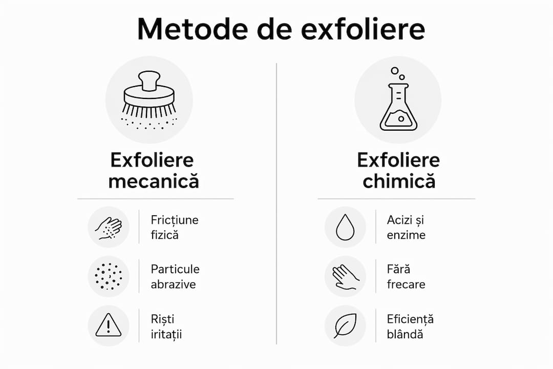 Infografic: diferențele dintre exfolierea mecanică și cea chimică, cu principalele aspecte de urmărit