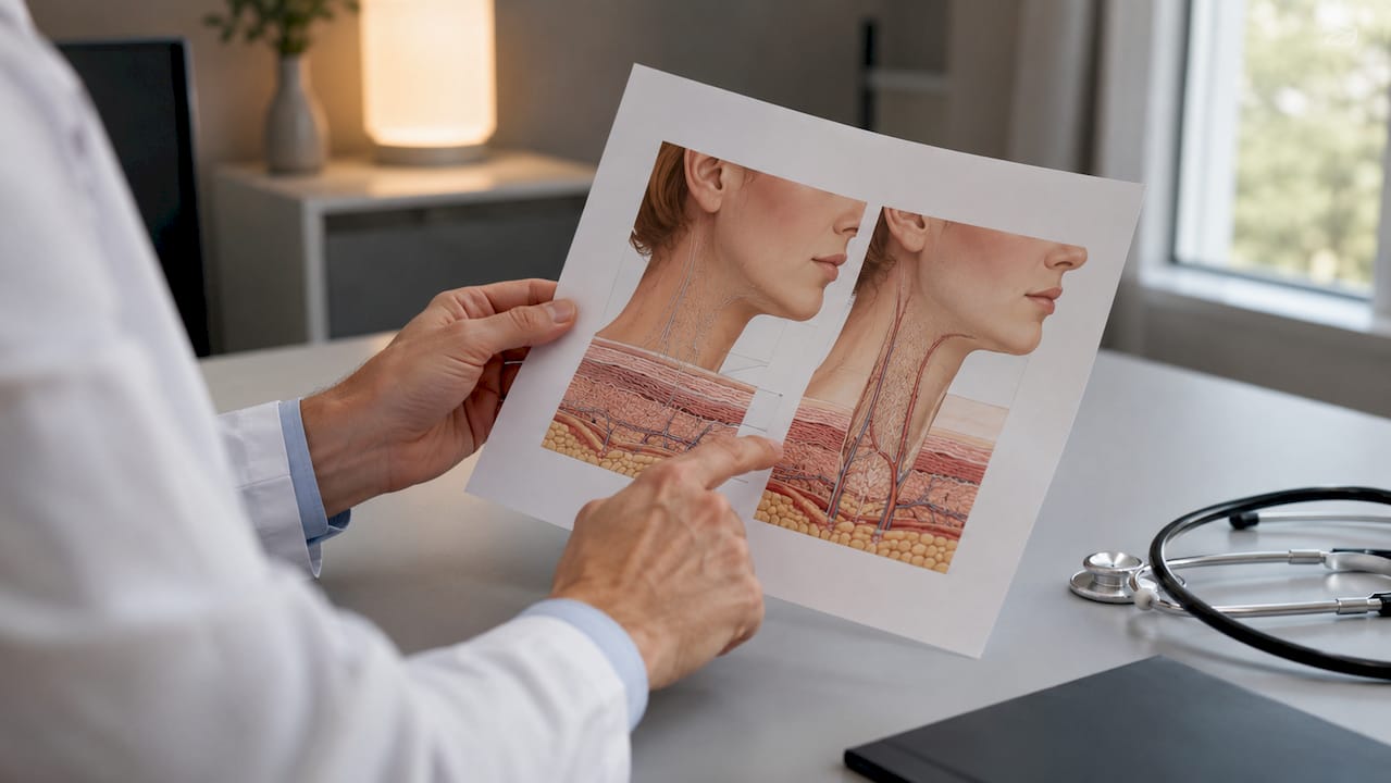 Mâinile unui dermatolog care analizează o diagramă cu structura pielii de pe gât