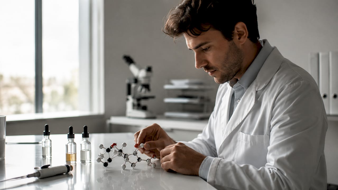 Detaliu cu peptide și instrumente folosite în laboratoarele de îngrijire a pielii