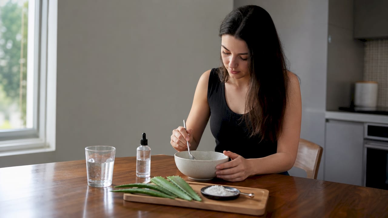 Descoperă ingrediente naturale pentru un boost de strălucire al tenului, pregătite într-un bol de ceramică.