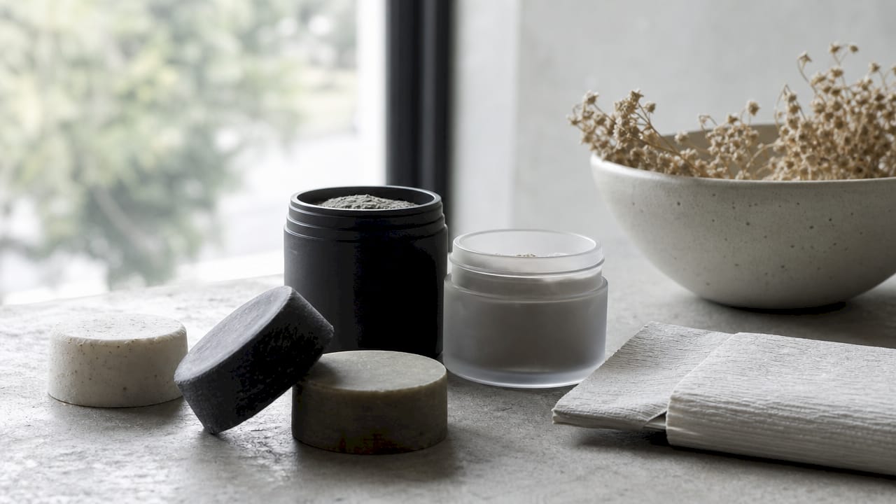 Gamă de produse cosmetice fără apă, expuse pe un raft de lemn