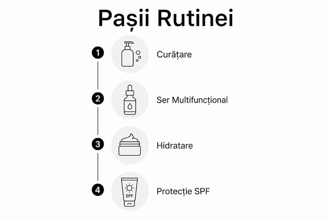 Infografic cu pașii esențiali pentru o rutină de îngrijire a pielii simplă și eficientă