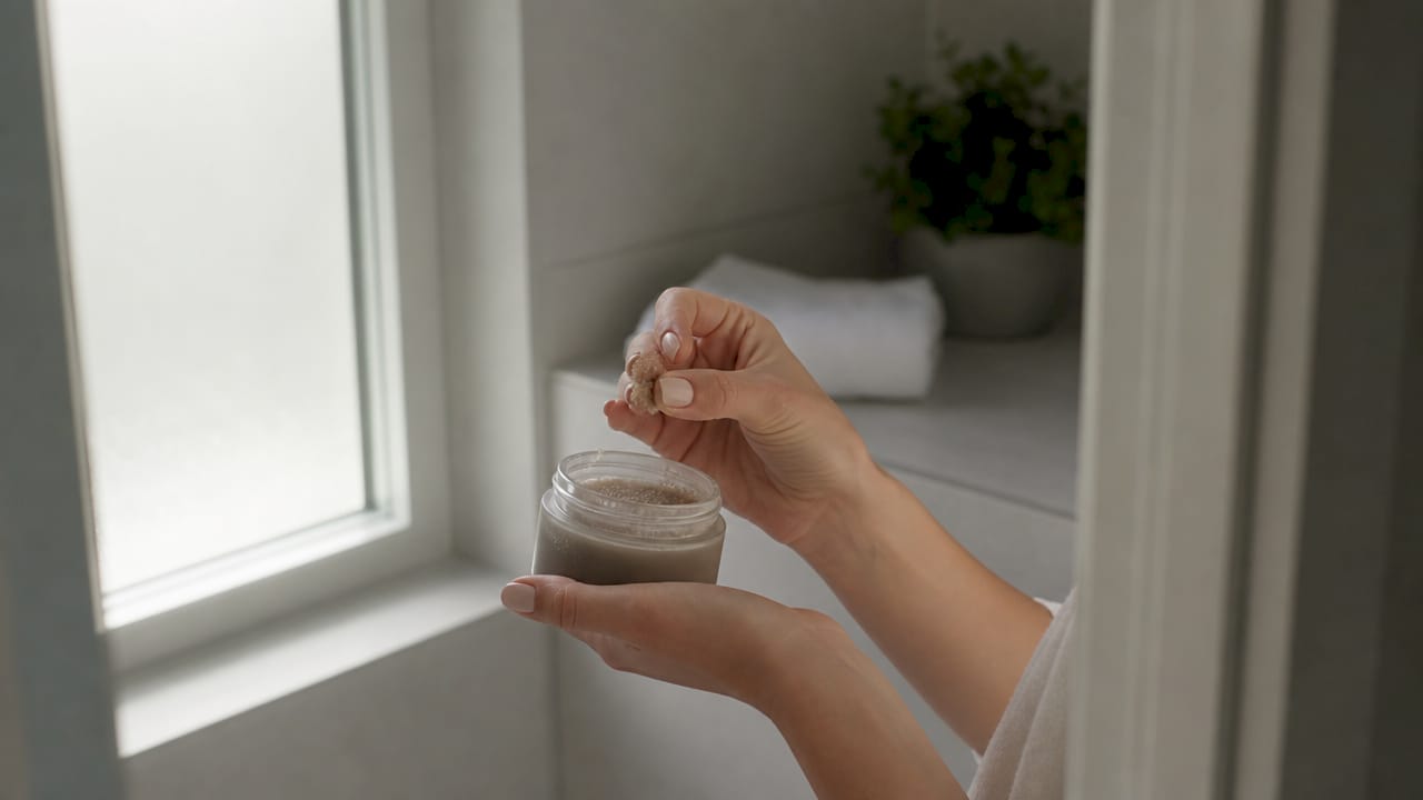 Mâini care aplică un scrub delicat, cu particule fine, potrivit pentru pielea sensibilă