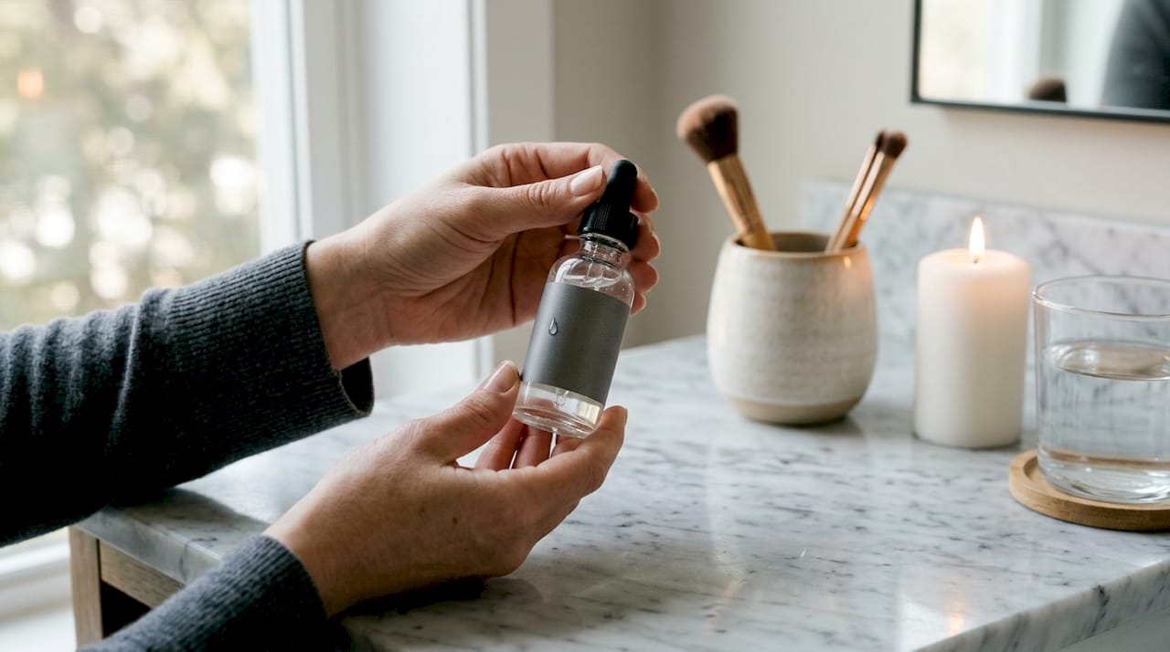 Mâini care țin un flacon cu ser cu acid hialuronic