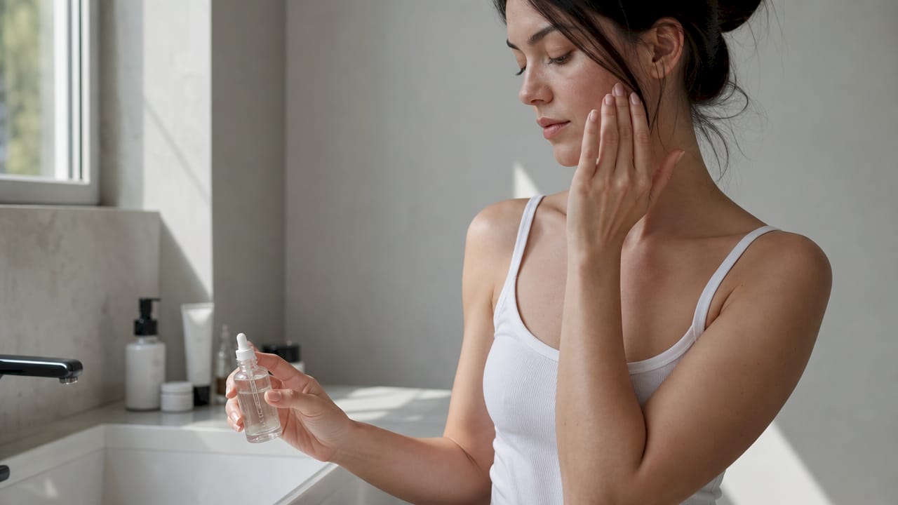 O persoană aplică acid glicolic pe piele pentru exfoliere