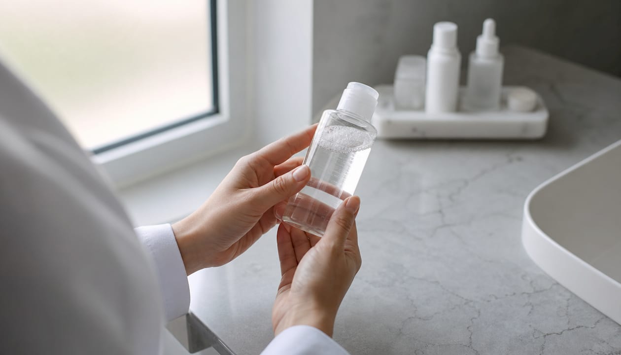 Un dermatolog ține în mână o sticluță cu apă micelară