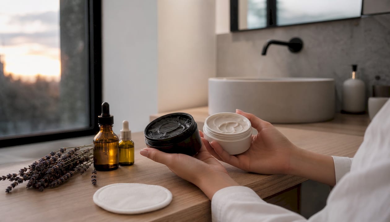 Mâini pregătind măști naturale, cu boluri și ingrediente proaspete