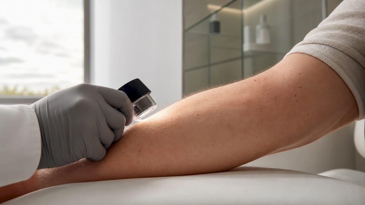 Un dermatolog analizează atent pielea sensibilă, folosindu-se de o lupă pentru a observa orice detaliu.