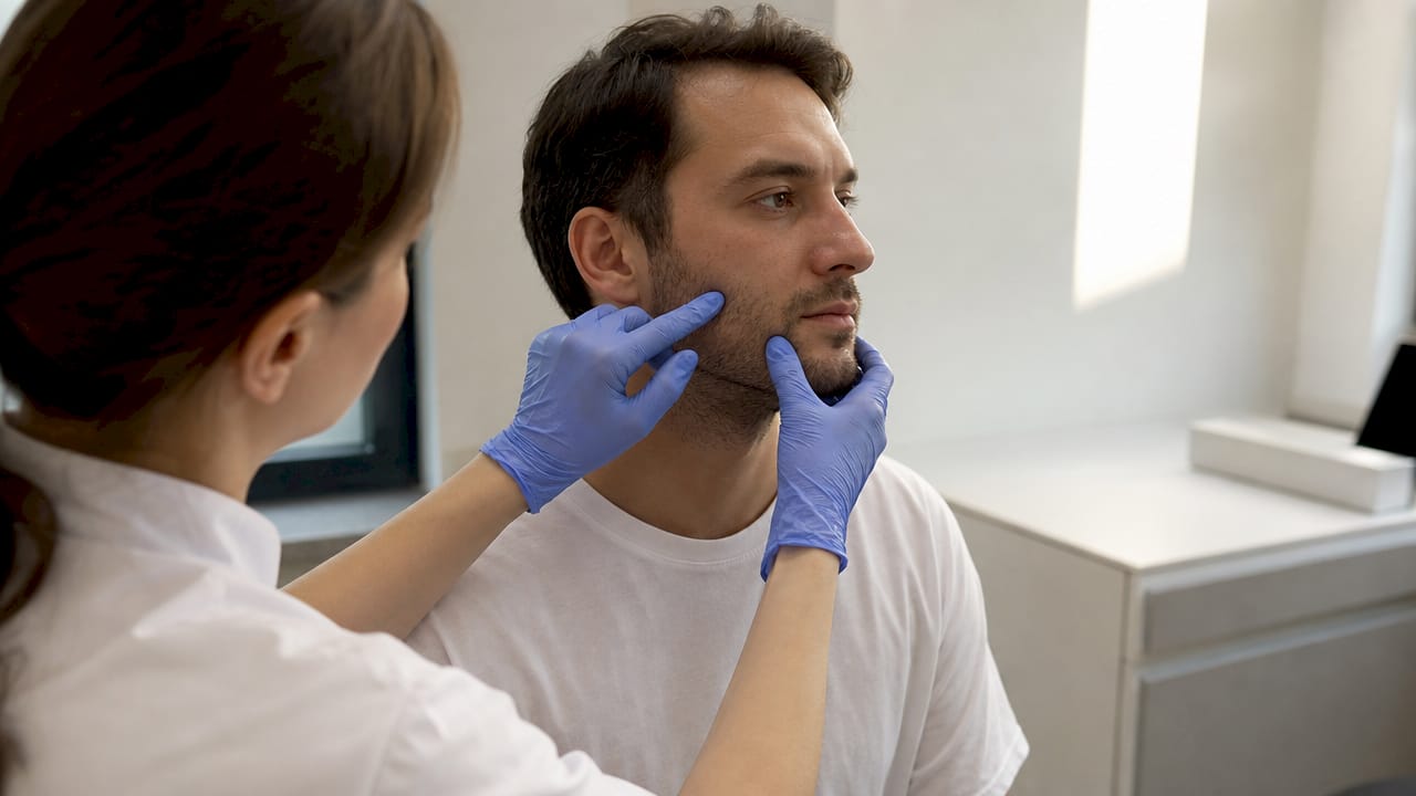 Un dermatolog examinează cu atenție pielea sensibilă a unui pacient, verificând eventualele reacții sau probleme.