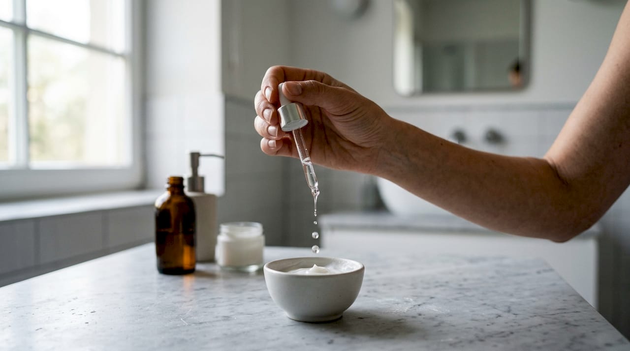 Imagine detaliată cu o mână care folosește un aplicator cu acid salicilic deasupra unei creme.