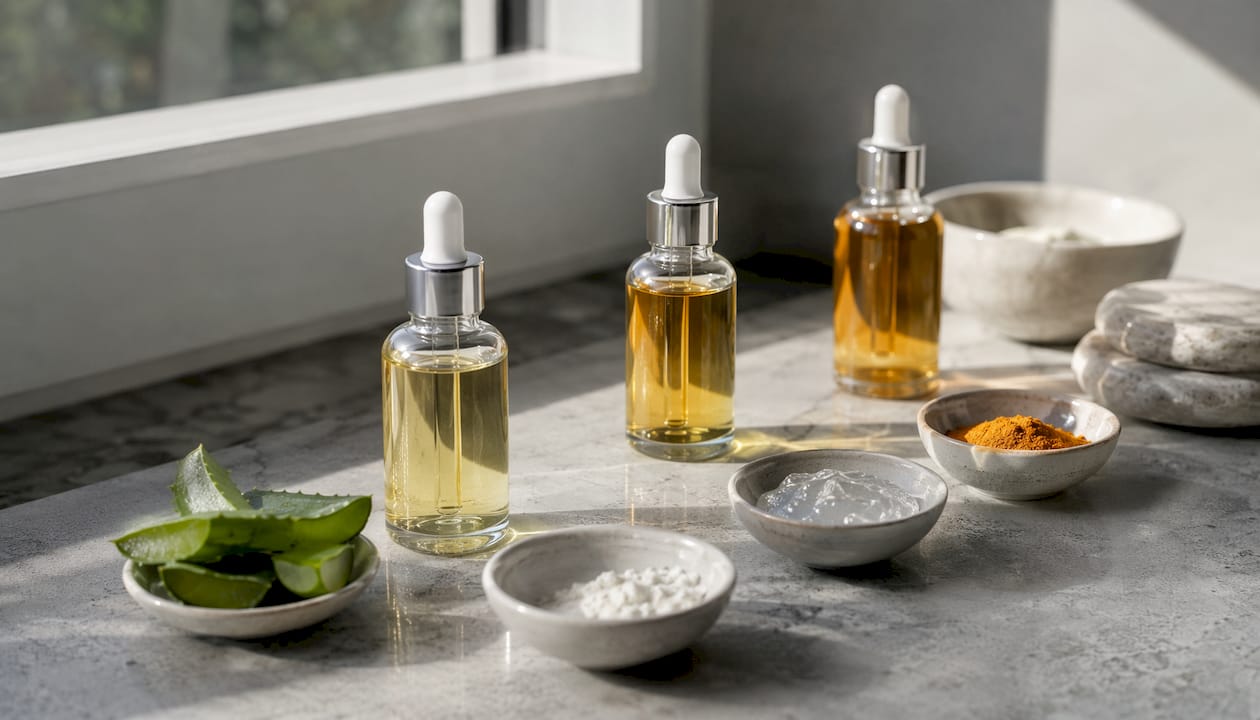 Detaliu cu sticluțe de ser facial, așezate lângă ingrediente naturale folosite în rutina de îngrijire a tenului.