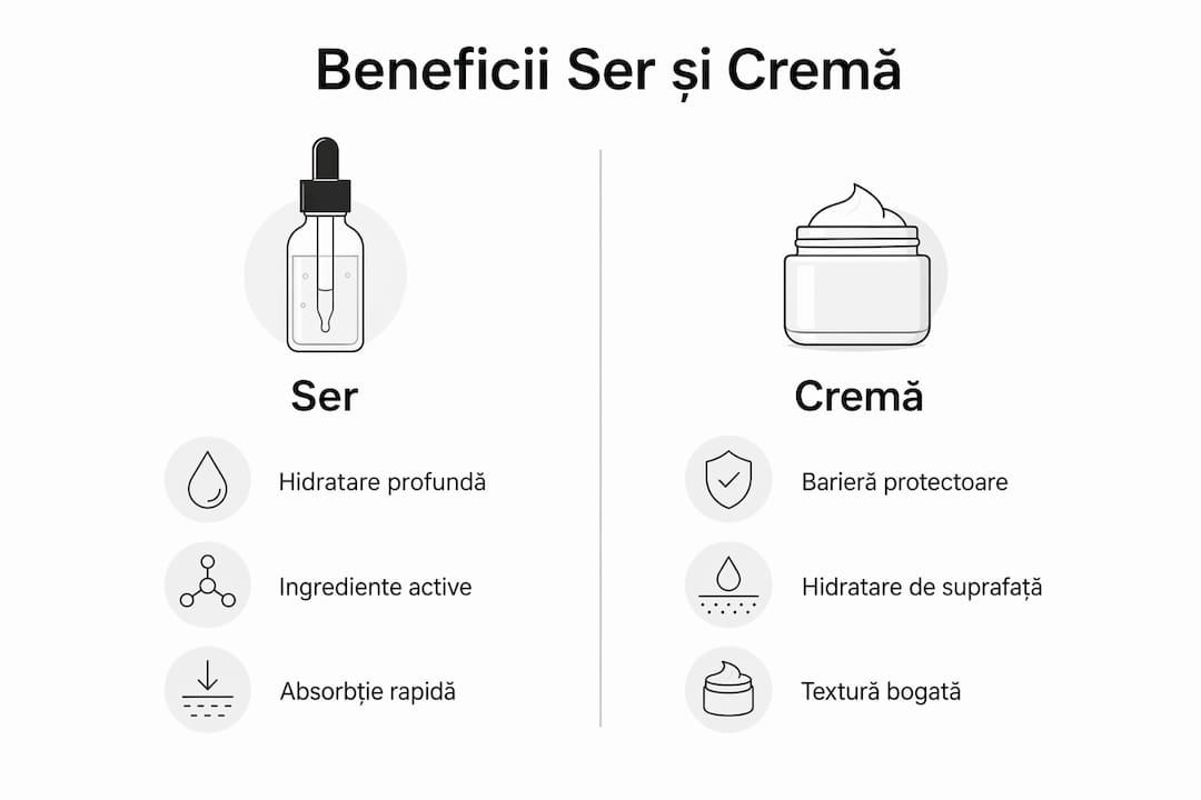 Infografic simplificat: avantaje ale serului față de cremă