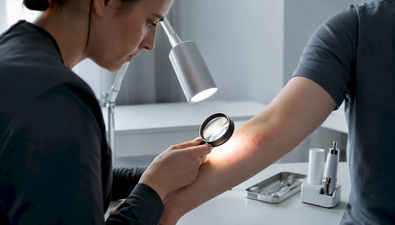 Prim-plan cu mâini care examinează cu atenție semnele de pe piele