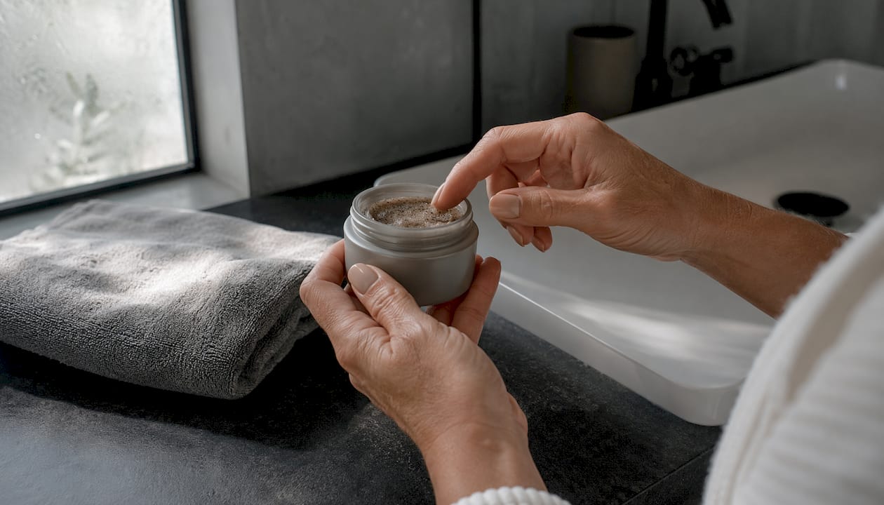 Mâini care țin o cremă exfoliantă deasupra chiuvetei din baie