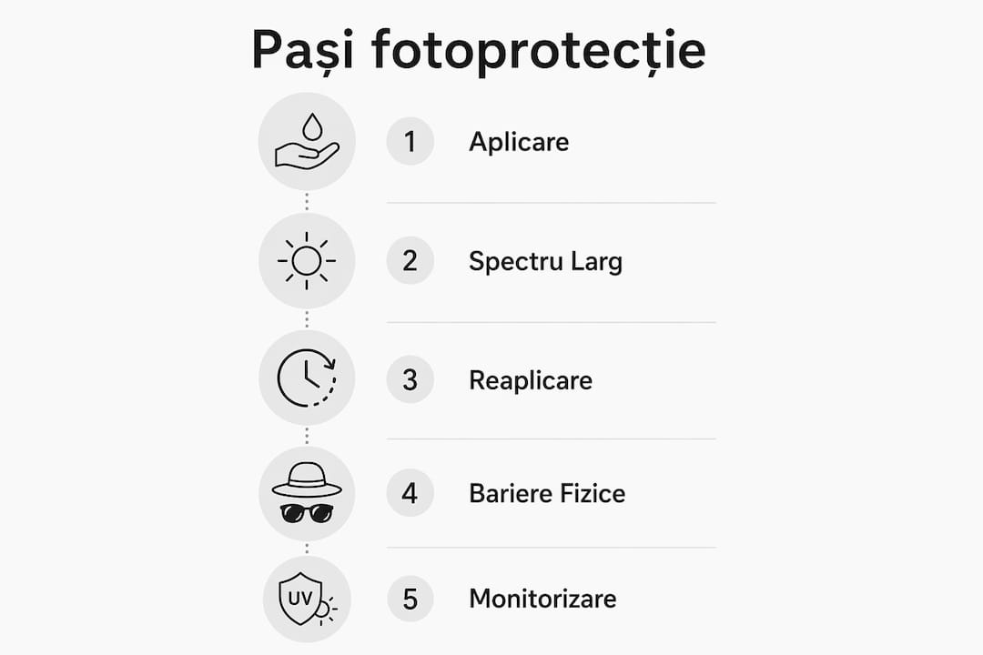 Infografic simplificat cu etapele esențiale pentru o protecție solară eficientă