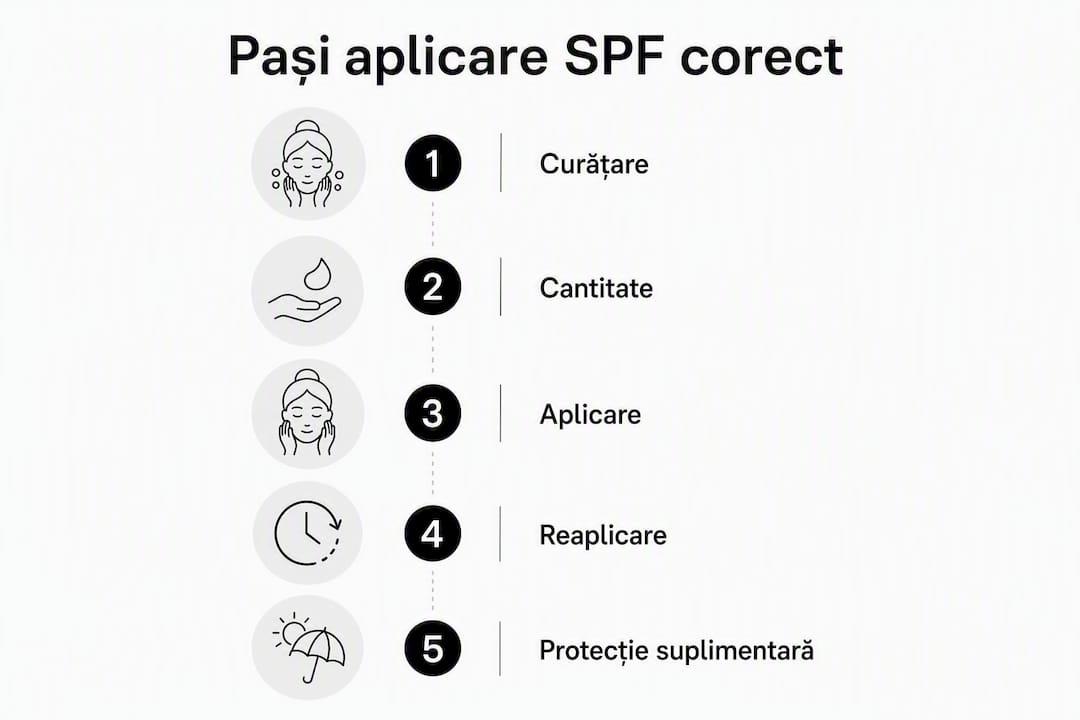 Ilustrație cu fiecare etapă importantă în aplicarea corectă a cremei cu protecție solară