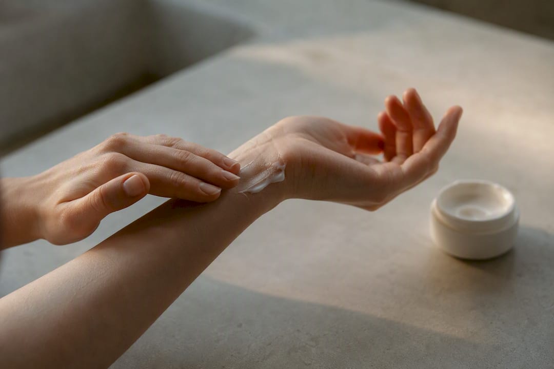Mâini care aplică cu grijă cremă pe pielea sensibilă