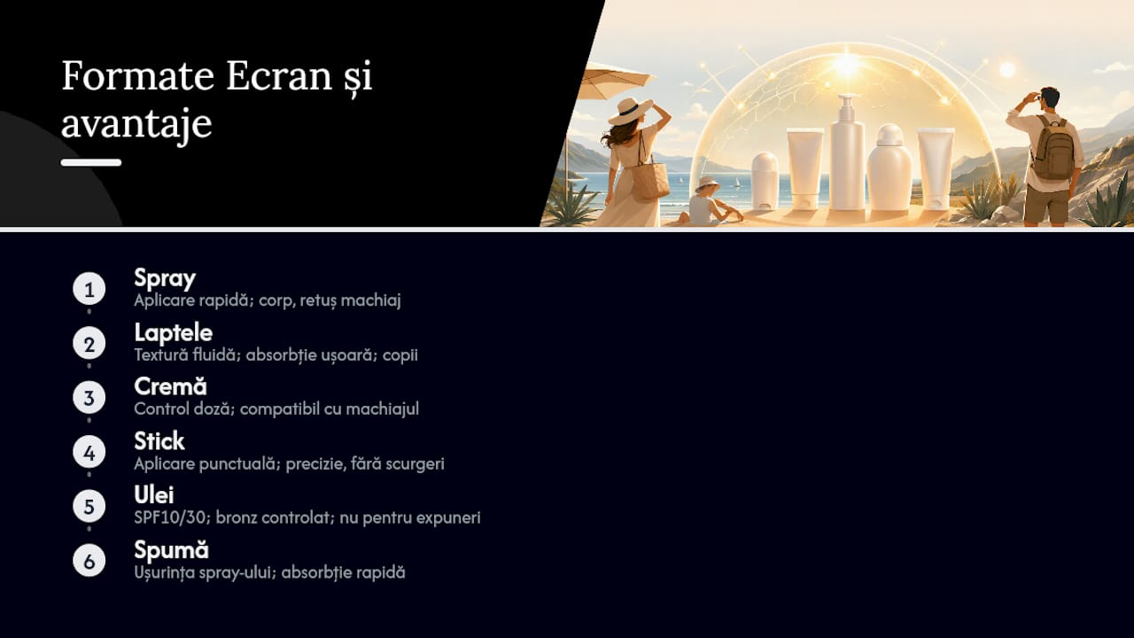 Grafic comparativ al tipurilor de produse de protecție solară și avantajele lor