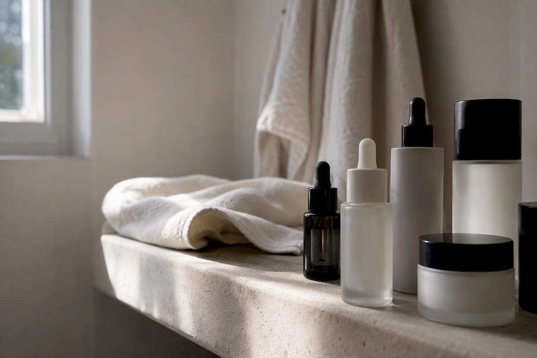 Sticle cosmetice pe un raft minimalist
