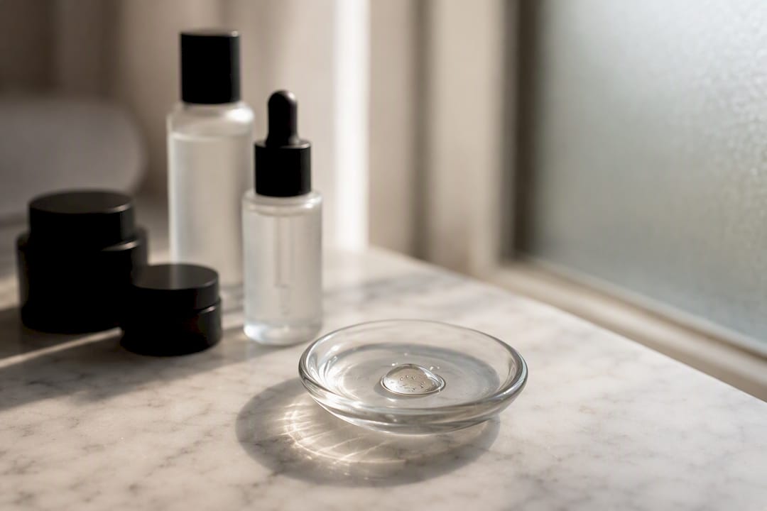 Picătură de ser pe un bol de sticlă, cu flacoane de produse cosmetice neclare în fundal