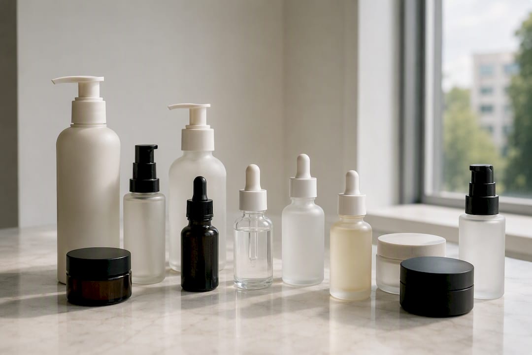 Sticle de produse pentru îngrijirea pielii adunate pentru rutina de skin cycling