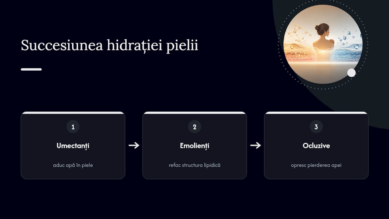 Ordinea aplicării: mai întâi umectant, apoi emolient și la final ocluziv