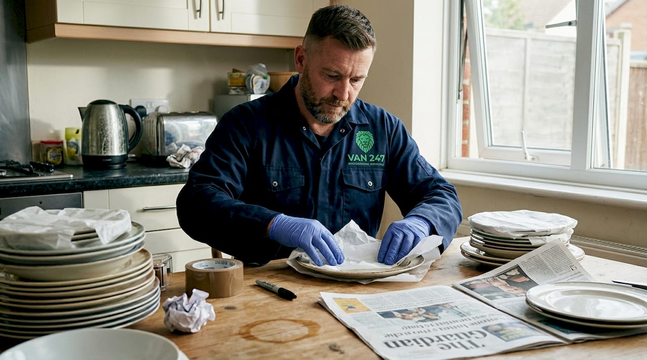 Professional packing dishes at kitchen table