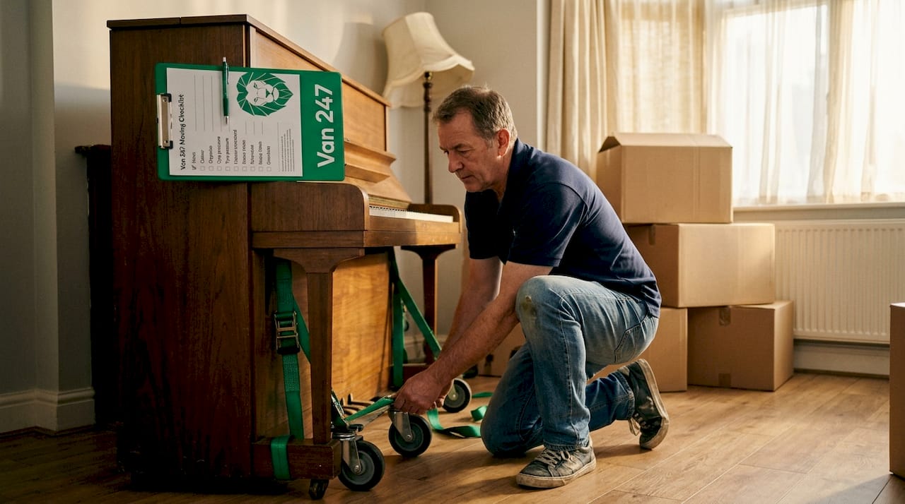 Mover inspecting piano for safe transport