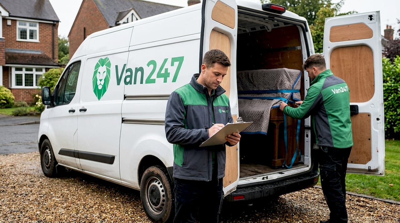 Movers prepare piano for delivery in driveway