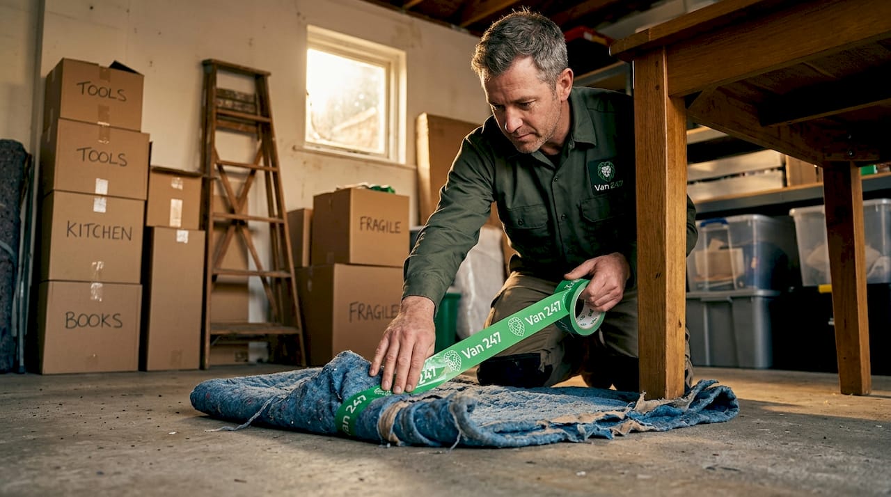 Man wrapping table legs in moving blankets