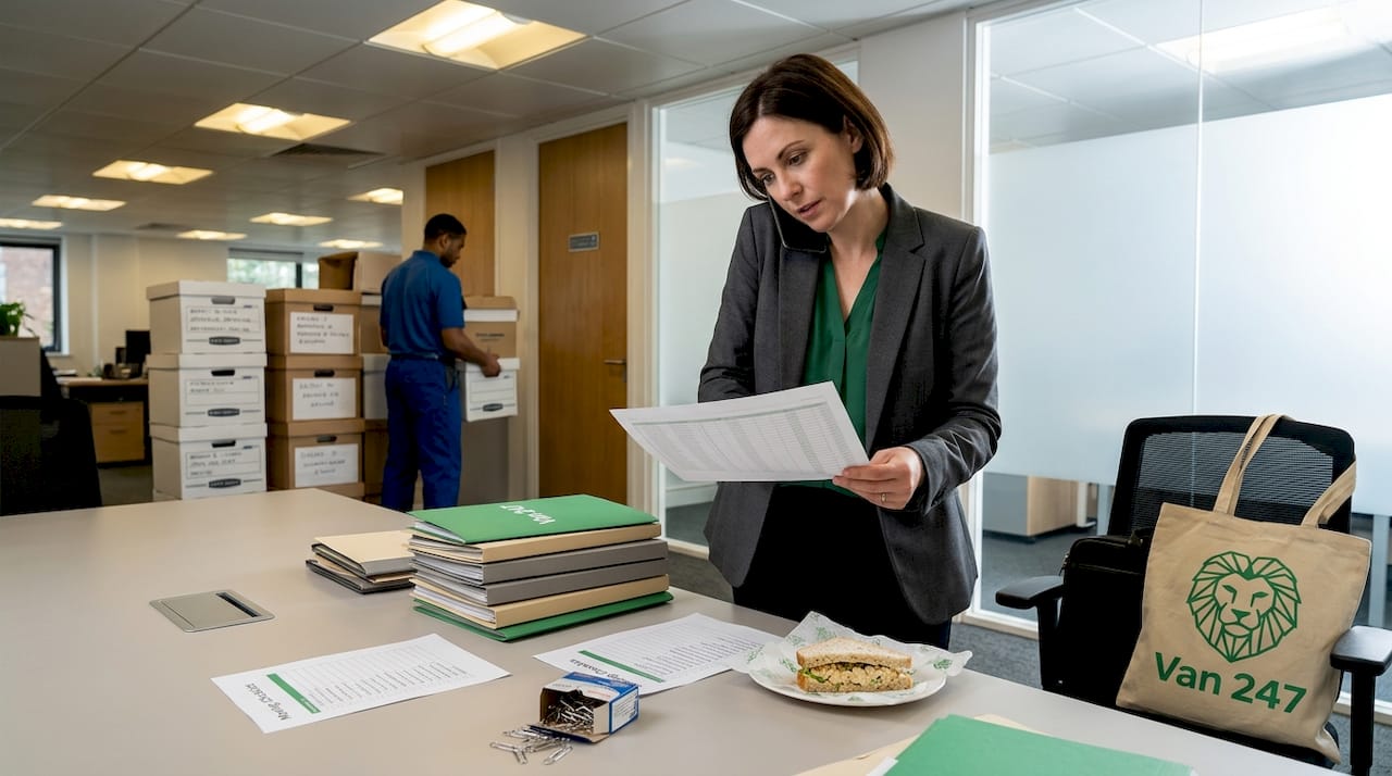 Manager planning office move with paperwork